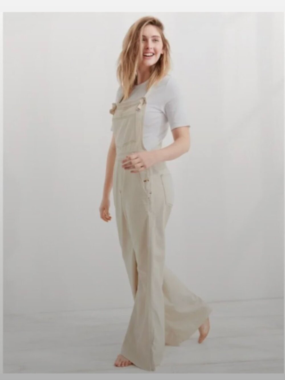 Aerie Wide Leg Overalls S Cream Raw Hem Slouchy Utility 90s Butter Mom Cottage